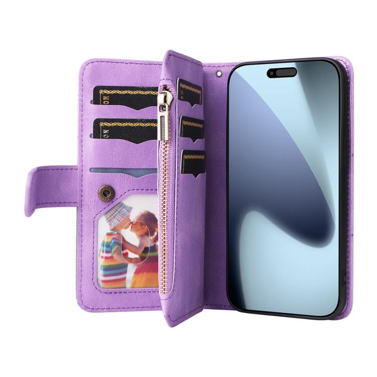 For iPhone 17 Pro Dual-color 9 Card Slots Zipper Wallet Leather Phone Case