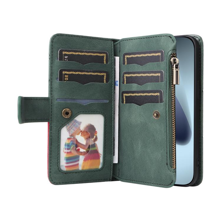For iPhone 17 Pro Dual-color 9 Card Slots Zipper Wallet Leather Phone Case