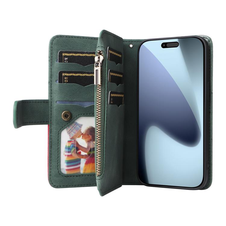 For iPhone 17 Pro Dual-color 9 Card Slots Zipper Wallet Leather Phone Case