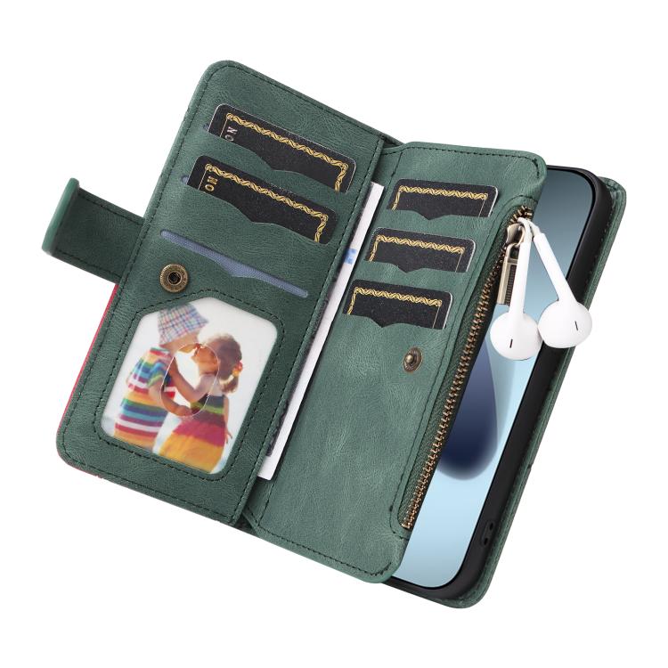 For iPhone 17 Pro Dual-color 9 Card Slots Zipper Wallet Leather Phone Case