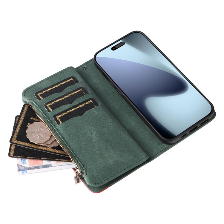 For iPhone 17 Pro Dual-color 9 Card Slots Zipper Wallet Leather Phone Case