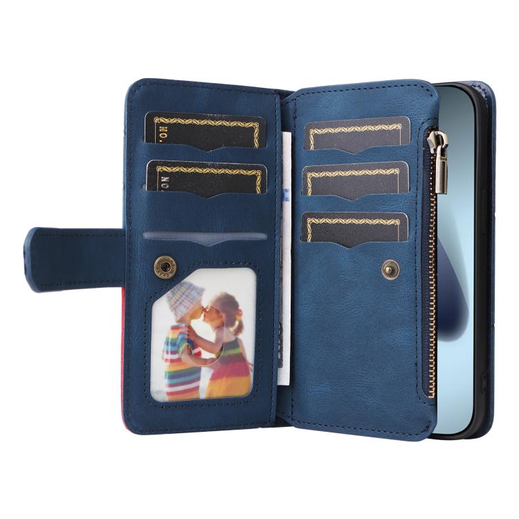 For iPhone 17 Pro Dual-color 9 Card Slots Zipper Wallet Leather Phone Case