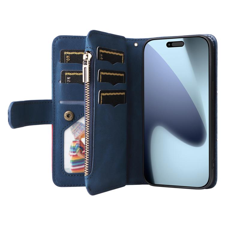 For iPhone 17 Pro Dual-color 9 Card Slots Zipper Wallet Leather Phone Case