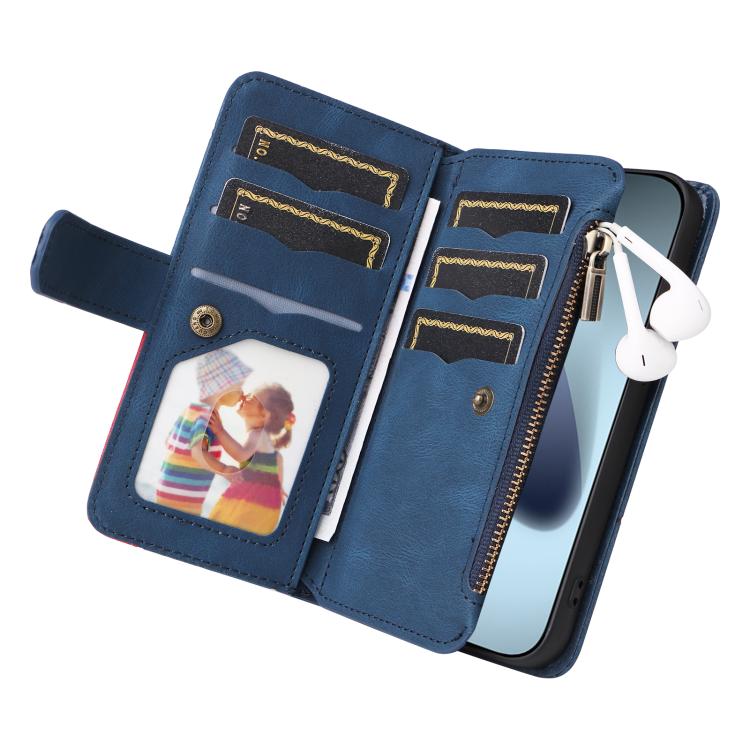 For iPhone 17 Pro Dual-color 9 Card Slots Zipper Wallet Leather Phone Case