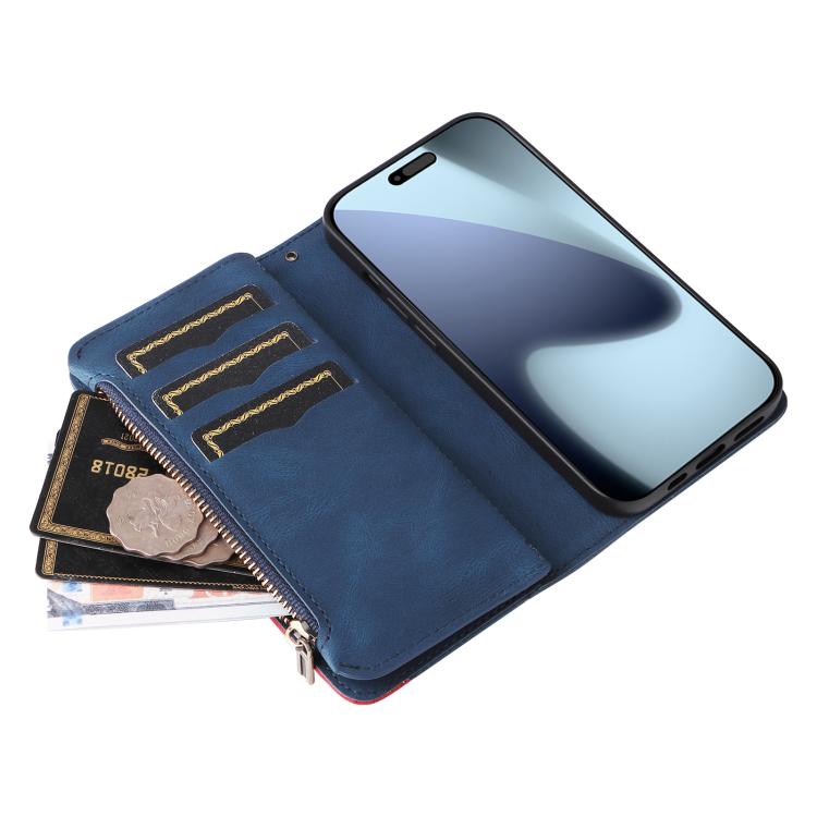 For iPhone 17 Pro Dual-color 9 Card Slots Zipper Wallet Leather Phone Case