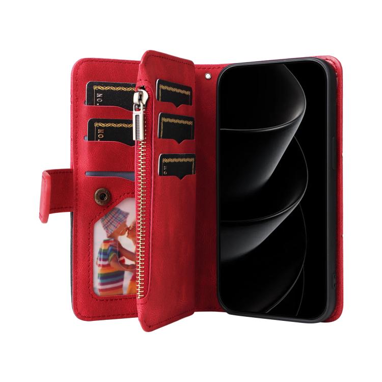 For iPhone 17 Pro Max Dual-color 9 Card Slots Zipper Wallet Leather Phone Case