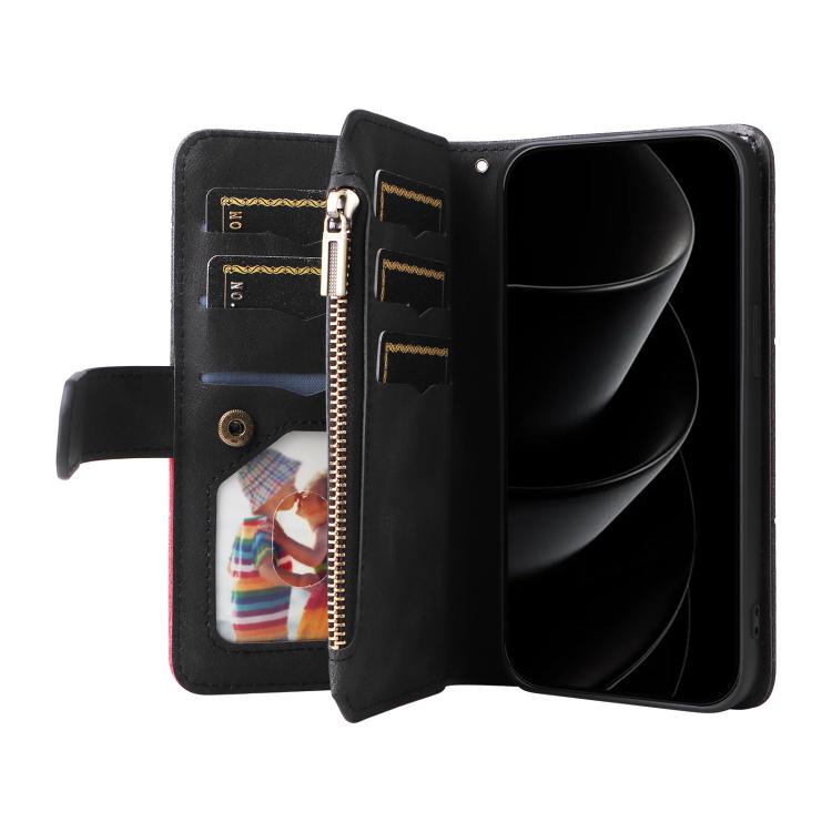 For iPhone 17 Pro Max Dual-color 9 Card Slots Zipper Wallet Leather Phone Case