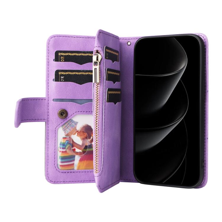 For iPhone 17 Pro Max Dual-color 9 Card Slots Zipper Wallet Leather Phone Case