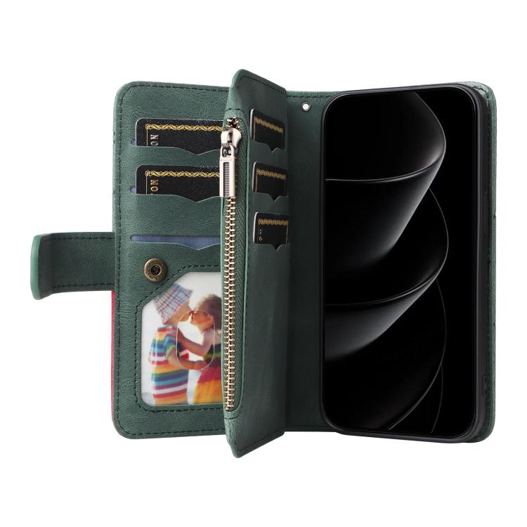For iPhone 17 Pro Max Dual-color 9 Card Slots Zipper Wallet Leather Phone Case
