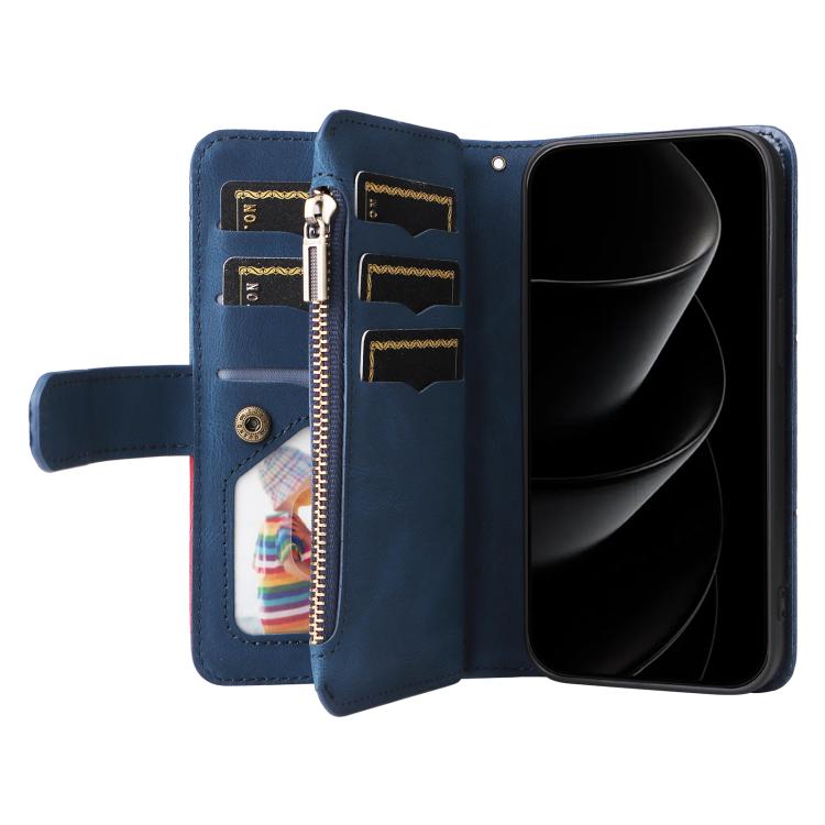 For iPhone 17 Pro Max Dual-color 9 Card Slots Zipper Wallet Leather Phone Case
