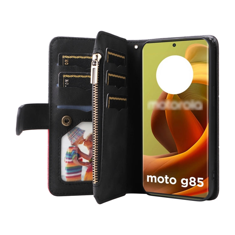 For Motorola Moto G85 Dual-color 9 Card Slots Zipper Wallet Leather Phone Case