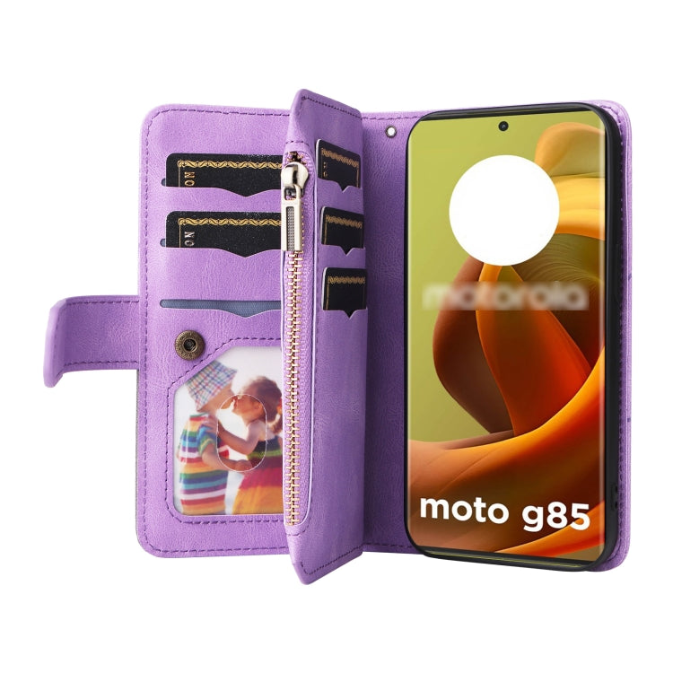For Motorola Moto G85 Dual-color 9 Card Slots Zipper Wallet Leather Phone Case