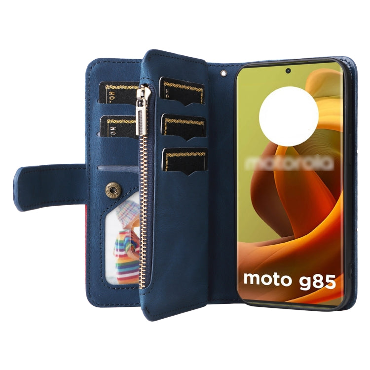 For Motorola Moto G85 Dual-color 9 Card Slots Zipper Wallet Leather Phone Case