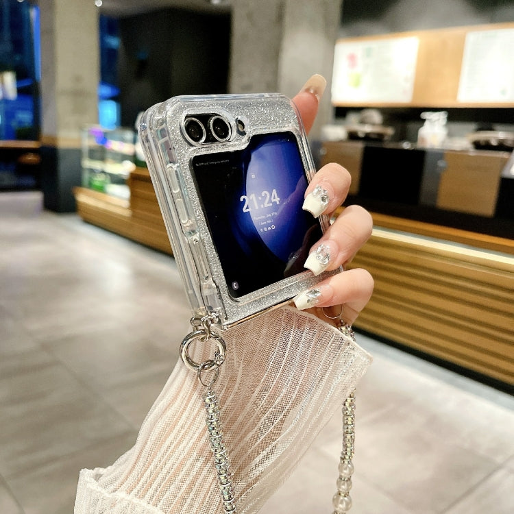 For Samsung Galaxy Z Flip6 / Flip7 FE Glitter Powder PC Side Buckle Full Coverage Shockproof Phone Case with Pearl Bracelet
