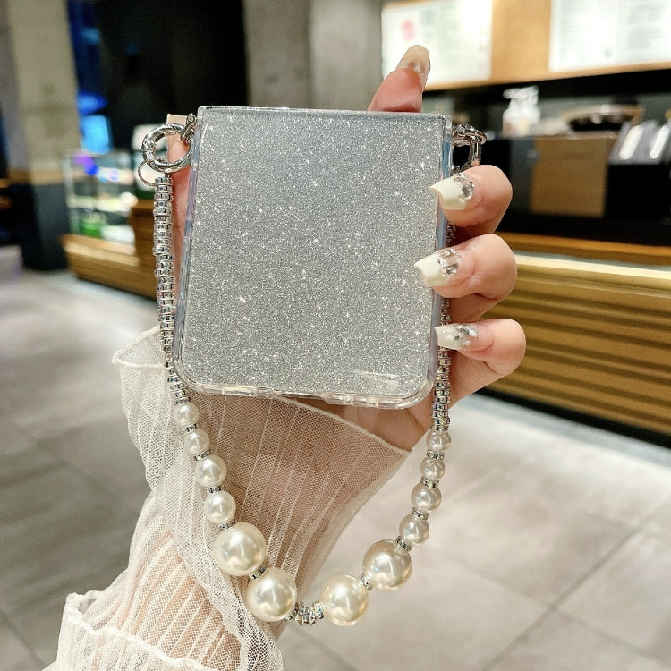 For Samsung Galaxy Z Flip3 5G Glitter Powder PC Side Buckle Full Coverage Shockproof Phone Case with Pearl Bracelet