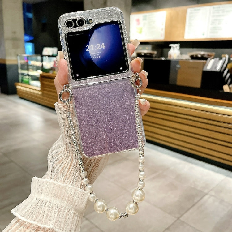 For Samsung Galaxy Z Flip4 Glitter Powder PC Side Buckle Full Coverage Shockproof Phone Case with Pearl Bracelet