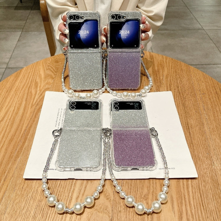 For Samsung Galaxy Z Flip4 Glitter Powder PC Side Buckle Full Coverage Shockproof Phone Case with Pearl Bracelet