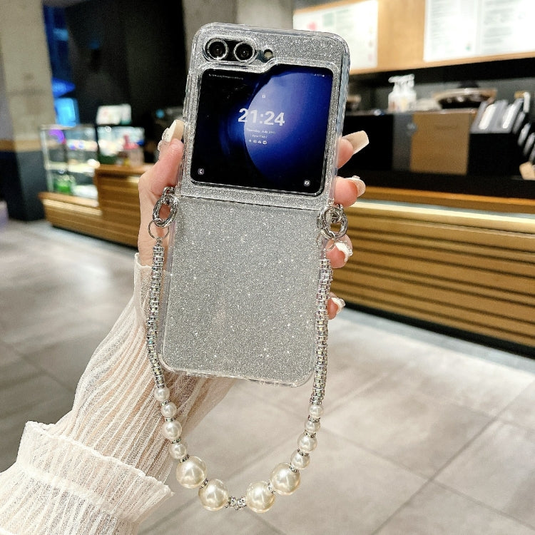 For Samsung Galaxy Z Flip4 Glitter Powder PC Side Buckle Full Coverage Shockproof Phone Case with Pearl Bracelet