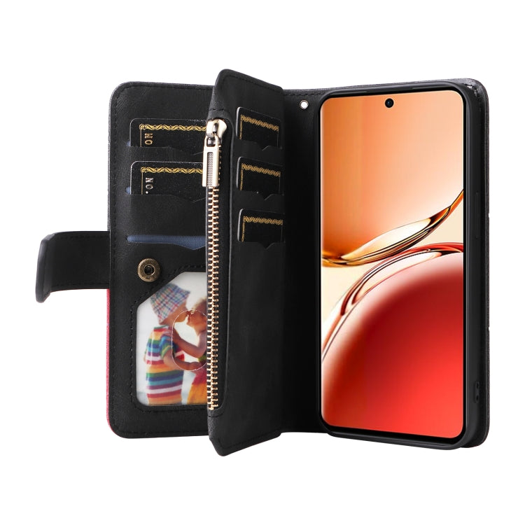 For OPPO Reno12 F 5G Global Dual-color 9 Card Slots Zipper Wallet Leather Phone Case