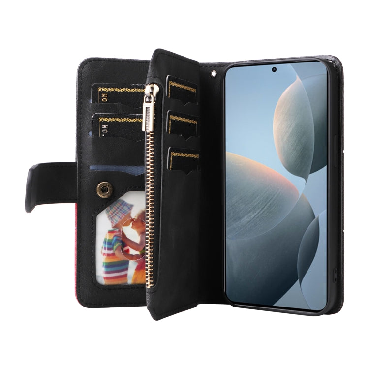For Redmi K70 Dual-color 9 Card Slots Zipper Wallet Leather Phone Case
