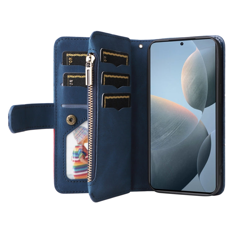 For Xiaomi Poco F6 Pro Dual-color 9 Card Slots Zipper Wallet Leather Phone Case