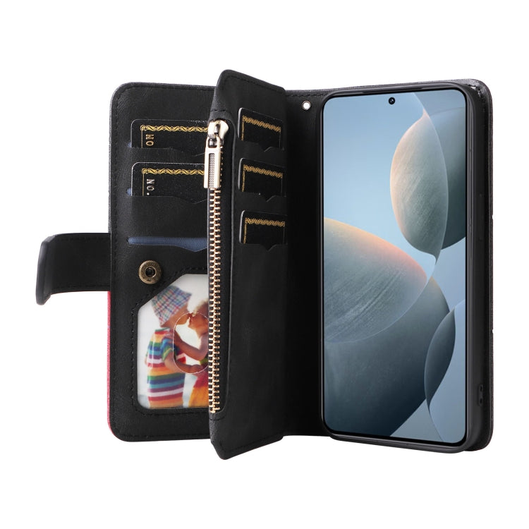 For Xiaomi 14T Dual-color 9 Card Slots Zipper Wallet Leather Phone Case