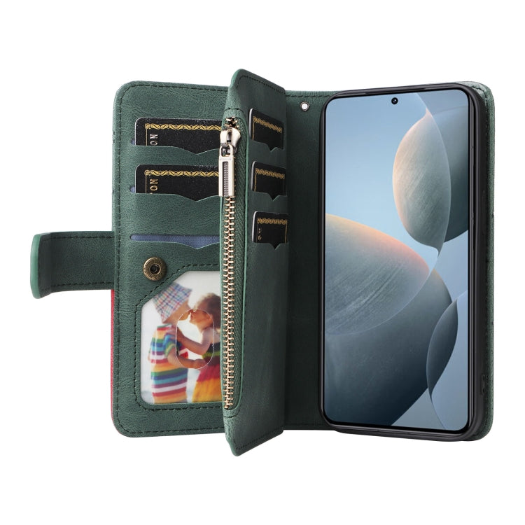 For Xiaomi 14T Dual-color 9 Card Slots Zipper Wallet Leather Phone Case