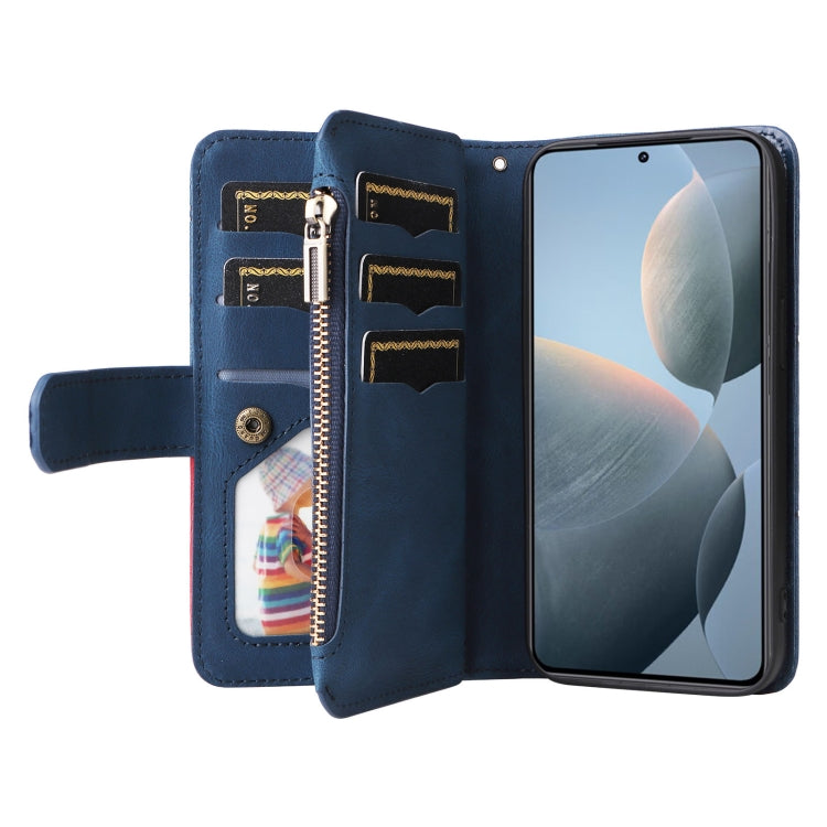 For Xiaomi 14T Dual-color 9 Card Slots Zipper Wallet Leather Phone Case