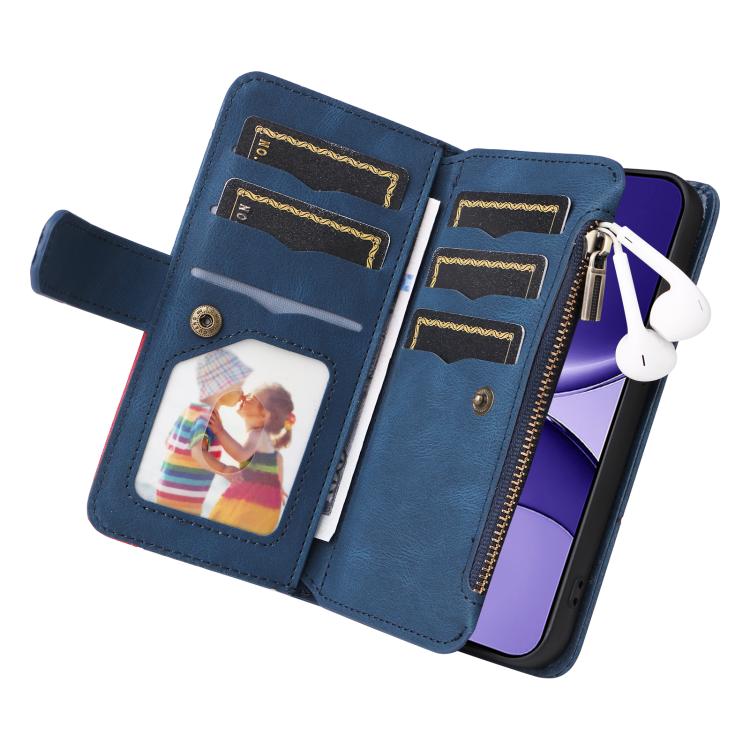 For Xiaomi Poco F7 Dual-color 9 Card Slots Zipper Wallet Leather Phone Case