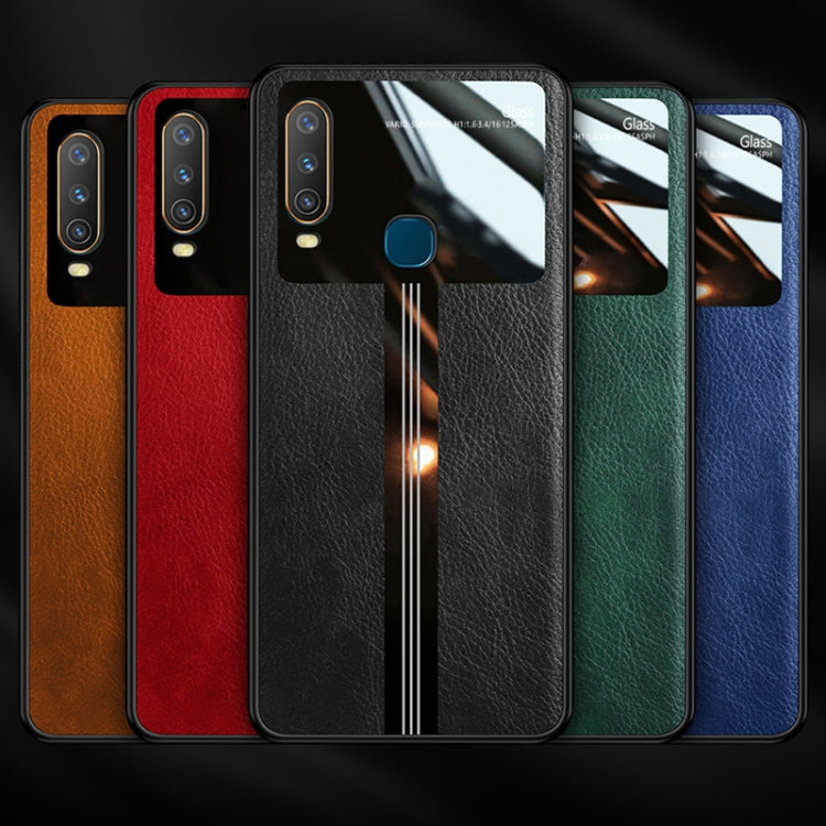 For Vivo Y3 Leather Texture PU + Glass + TPU Shockproof Protective Case