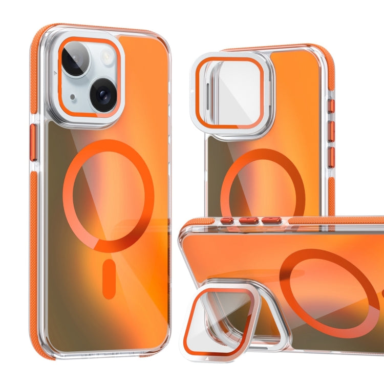 For iPhone 15 MagSafe Gradient Color Lens Film Phone Case with Lens Fold Holder