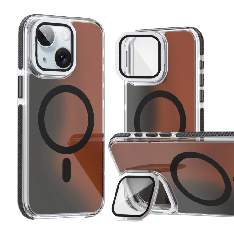 For iPhone 15 MagSafe Gradient Color Lens Film Phone Case with Lens Fold Holder