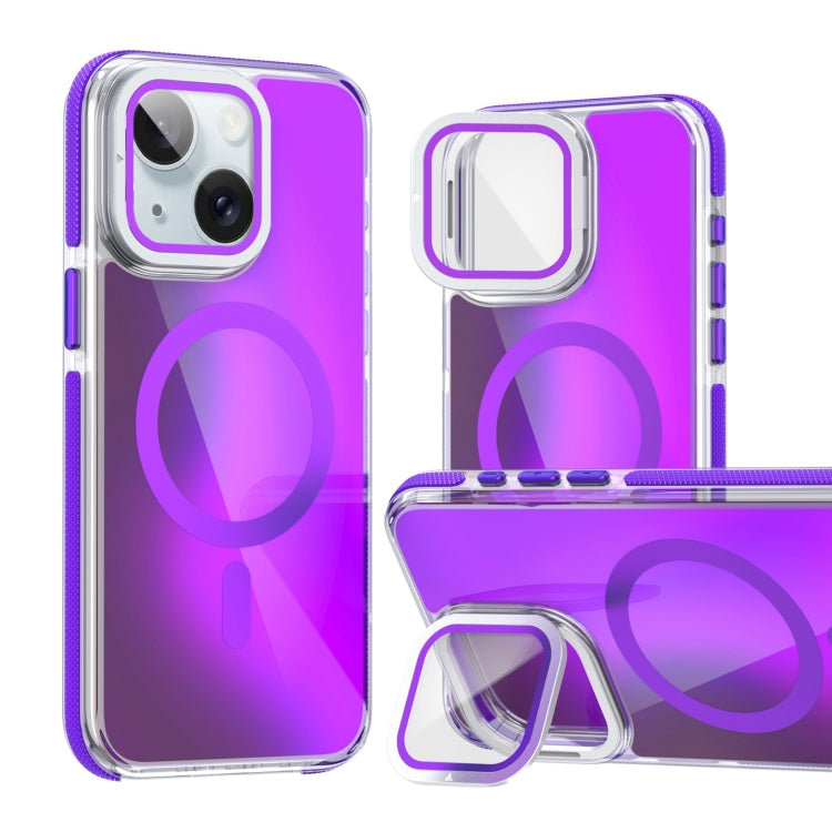For iPhone 15 Plus MagSafe Gradient Color Lens Film Phone Case with Lens Fold Holder