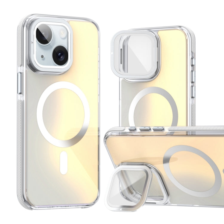 For iPhone 15 Plus MagSafe Gradient Color Lens Film Phone Case with Lens Fold Holder