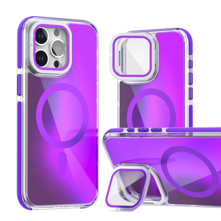For iPhone 15 Pro Max MagSafe Gradient Color Lens Film Phone Case with Lens Fold Holder