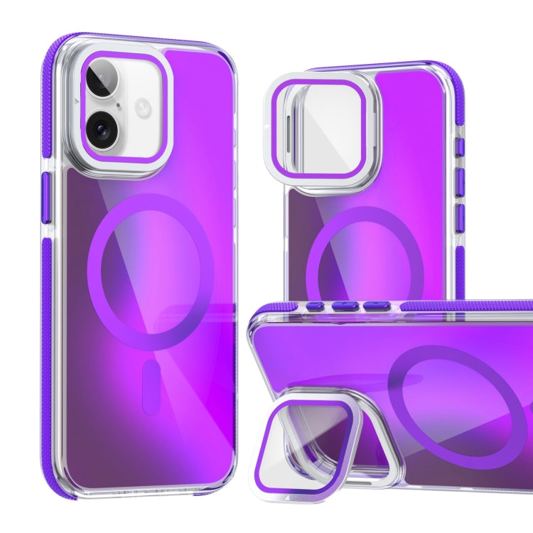 For iPhone 16 MagSafe Gradient Color Lens Film Phone Case with Lens Fold Holder