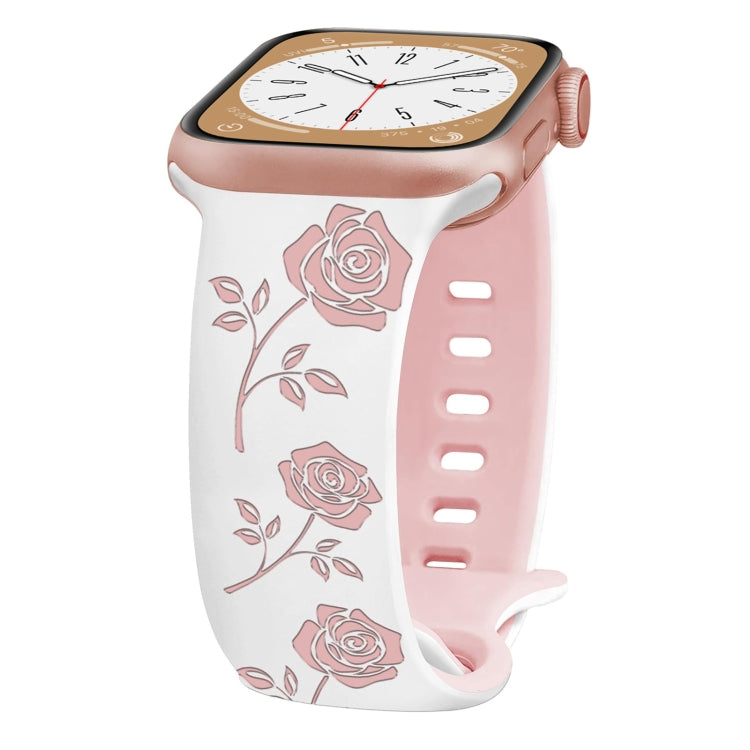 For Apple Watch Series 7 45mm Two-color Rose Engraved Silicone Watch Band