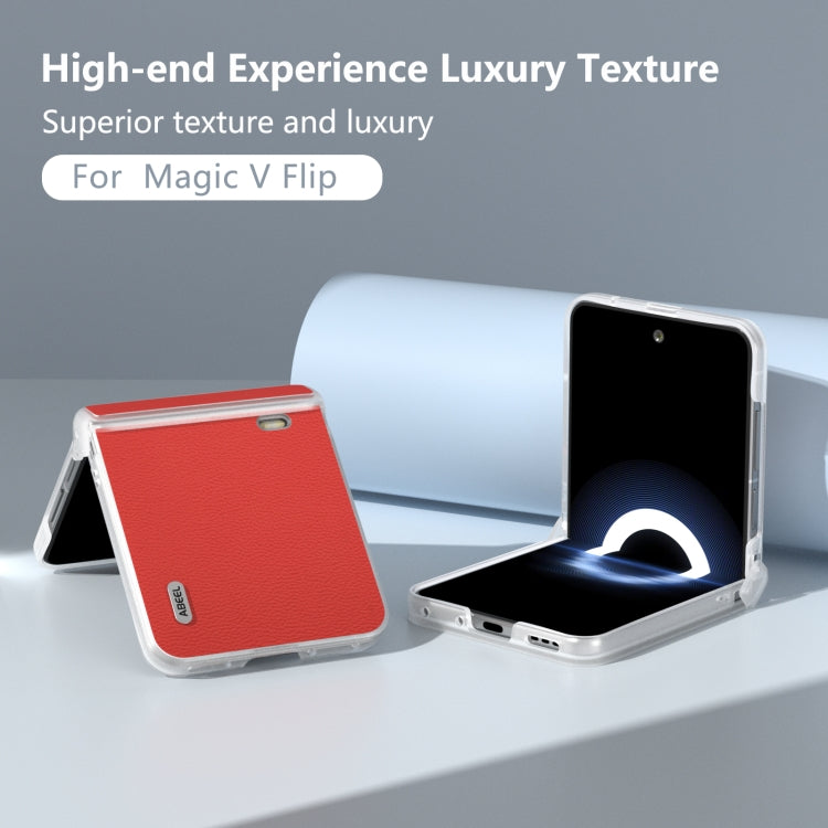 For Honor Magic V Flip ABEEL Three Parts Frosted Translucent Frame Genuine Leather Luolai Series Phone Case