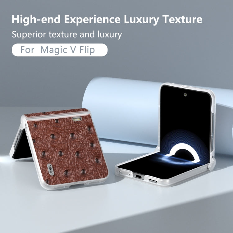 For Honor Magic V Flip ABEEL Three Parts Frosted Translucent Frame Genuine Leather Ostrich Texture Phone Case