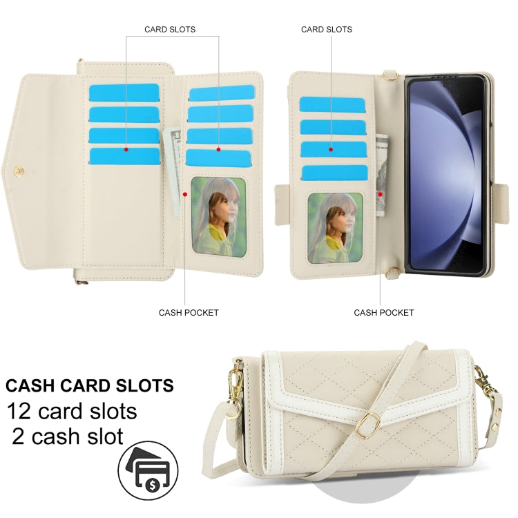For Samsung Galaxy Z Fold5 Splicing Rhombic Texture Card Holder Phone Case with Lanyard, Not Included Pen