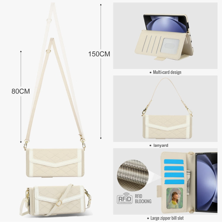For Samsung Galaxy Z Fold5 Splicing Rhombic Texture Card Holder Phone Case with Lanyard, Not Included Pen