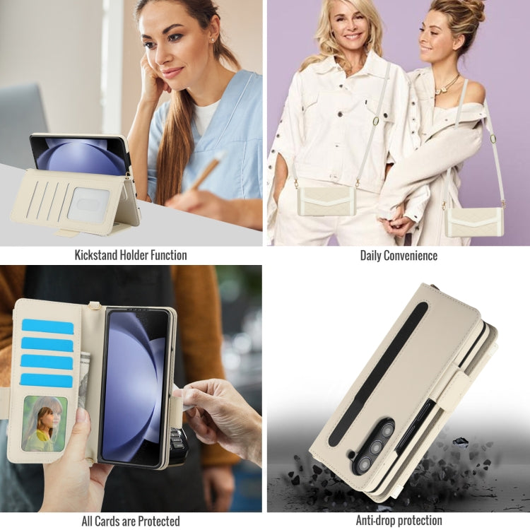 For Samsung Galaxy Z Fold5 Splicing Rhombic Texture Card Holder Phone Case with Lanyard, Not Included Pen