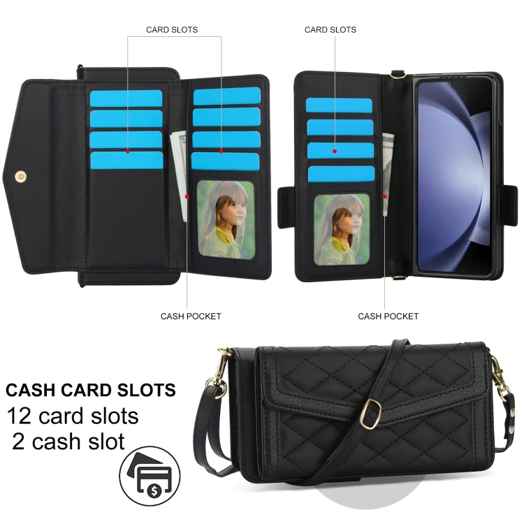 For Samsung Galaxy Z Fold5 Splicing Rhombic Texture Card Holder Phone Case with Lanyard, Not Included Pen