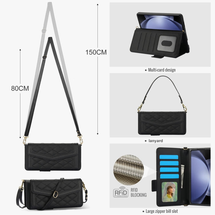 For Samsung Galaxy Z Fold5 Splicing Rhombic Texture Card Holder Phone Case with Lanyard, Not Included Pen