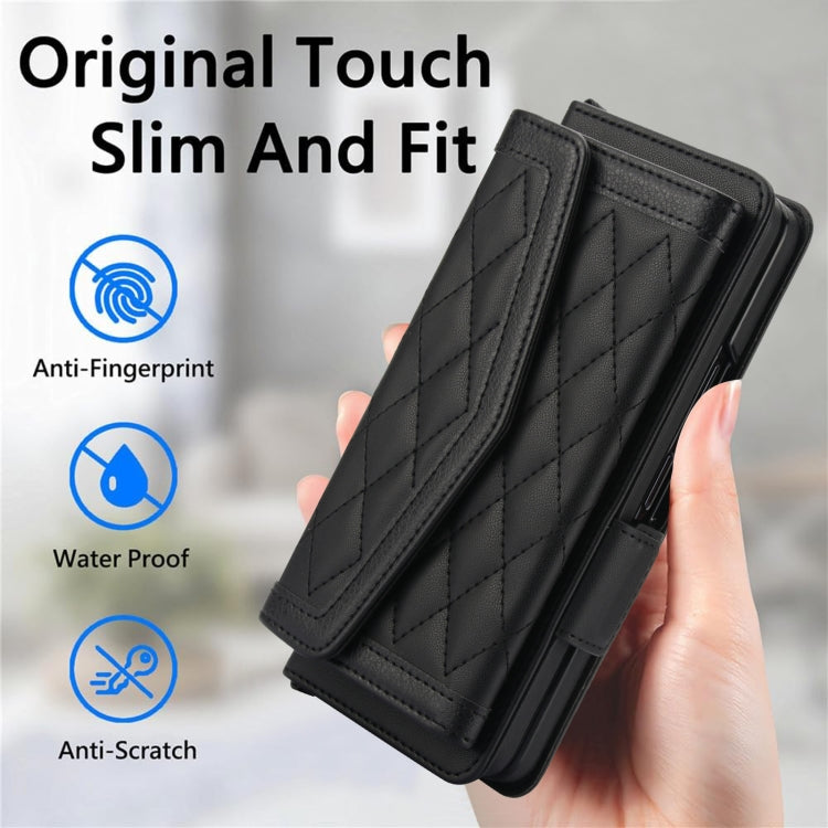 For Samsung Galaxy Z Fold5 Splicing Rhombic Texture Card Holder Phone Case with Lanyard, Not Included Pen