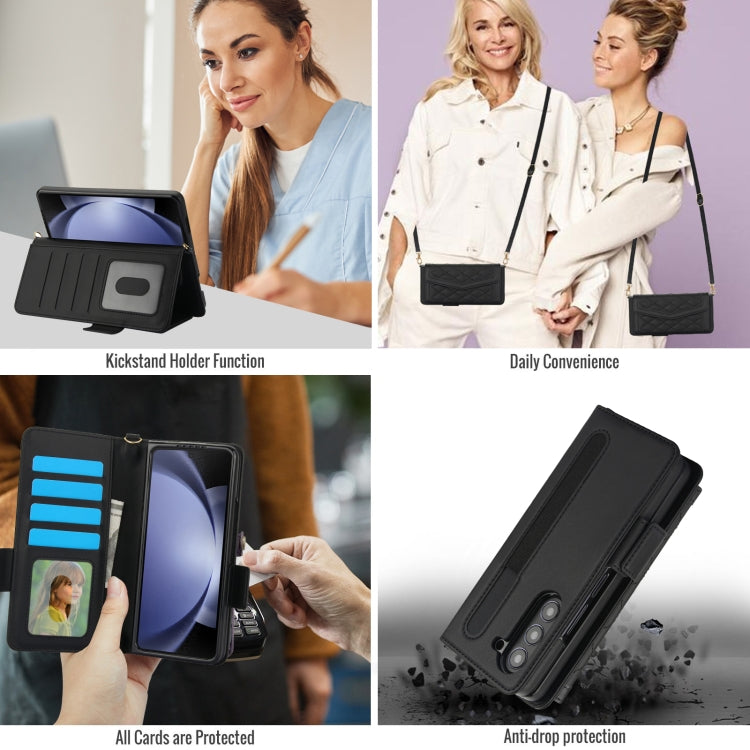 For Samsung Galaxy Z Fold5 Splicing Rhombic Texture Card Holder Phone Case with Lanyard, Not Included Pen