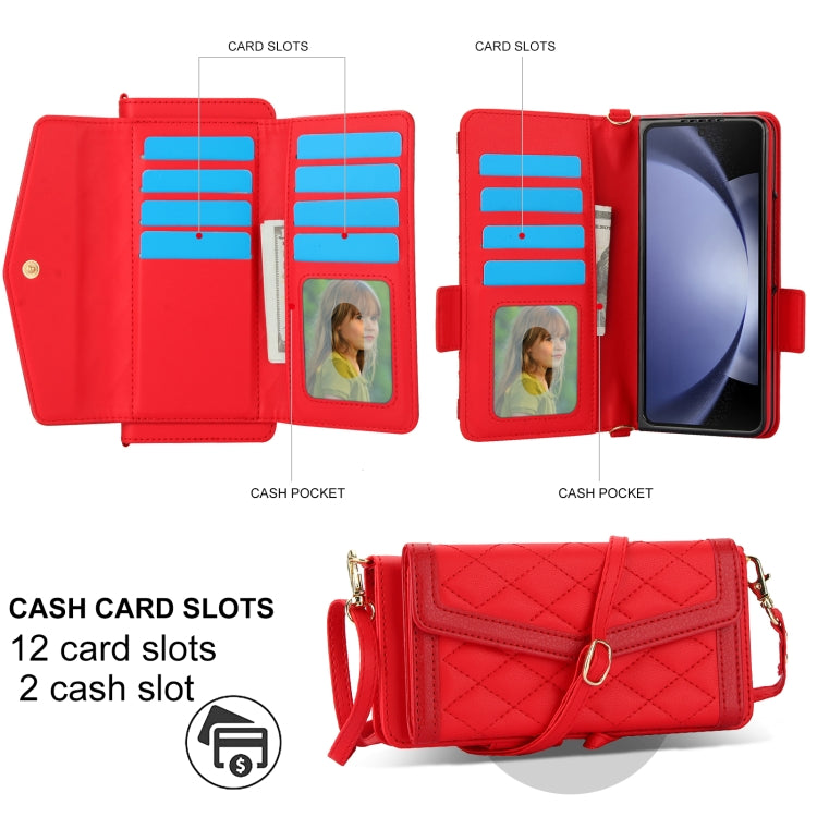For Samsung Galaxy Z Fold5 Splicing Rhombic Texture Card Holder Phone Case with Lanyard, Not Included Pen
