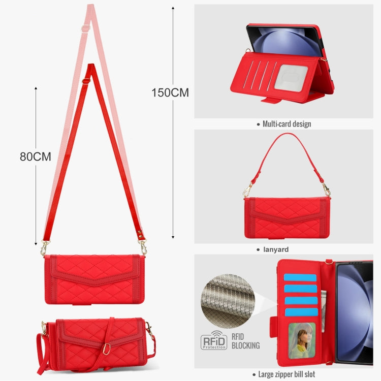 For Samsung Galaxy Z Fold5 Splicing Rhombic Texture Card Holder Phone Case with Lanyard, Not Included Pen
