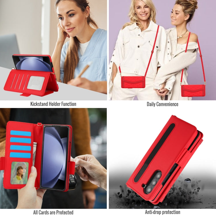 For Samsung Galaxy Z Fold5 Splicing Rhombic Texture Card Holder Phone Case with Lanyard, Not Included Pen