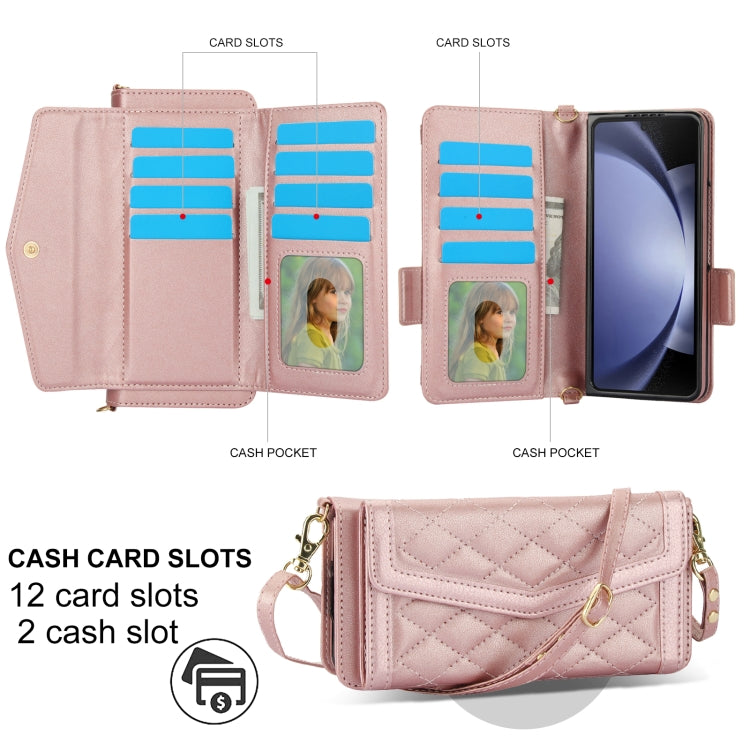 For Samsung Galaxy Z Fold5 Splicing Rhombic Texture Card Holder Phone Case with Lanyard, Not Included Pen